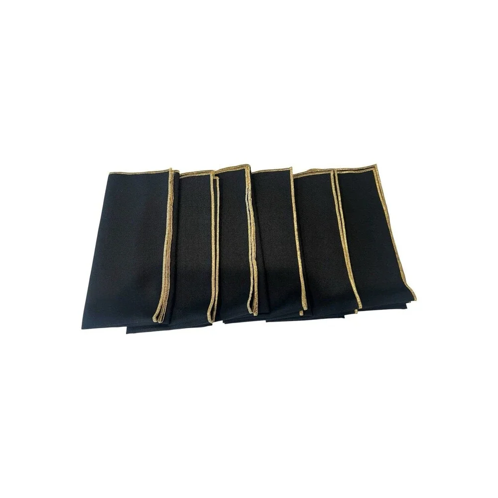 Set of 6 Black Cloth Napkins Gold Trim 18x18 Elegant Formal Dinner Table Linens